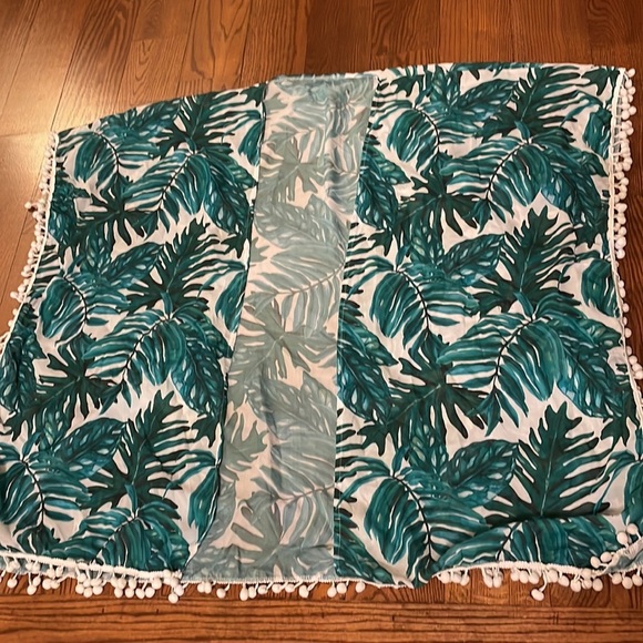 Tropical leaf / Pom Pom beach coverup ONE SIZE loose sleeves open front O/S - Picture 7 of 10